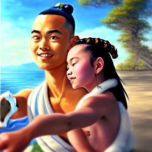 Image similar to beautiful serene intricate portrait of sokka and suki taking a selfie, smiling softly, relaxing on the beach, golden hour, soft focus, 8 k, art by irakli nadar, hyperrealism, hyperdetailed, ultra realistic