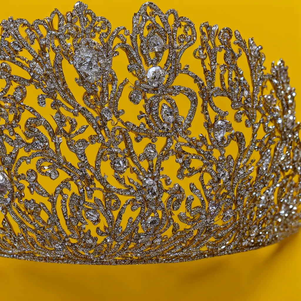 Prompt: close - up view of a tiara on yellow background, 8 k, high detail, photorealistic, proper shading