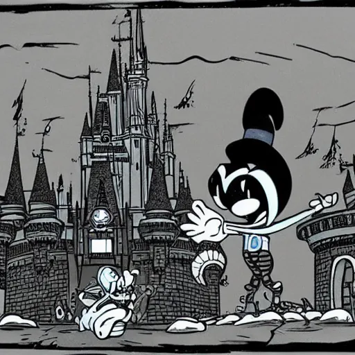 Image similar to post - apocalyptic magic kingdom, rubberhose animation, walt disney world, vintage cartoon, felix the cat,