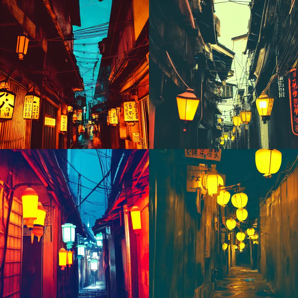 Prompt: a narrow alley with lanterns hanging from the ceiling, cyberpunk art by liam wong, trending on unsplash, ukiyo - e, anime aesthetic, ominous vibe, glowing neon