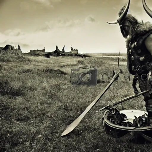 Image similar to viking in war armor working on the flying ancient device, tools and junk on the ground, old village in the distance, vintage old photo, black and white, sepia