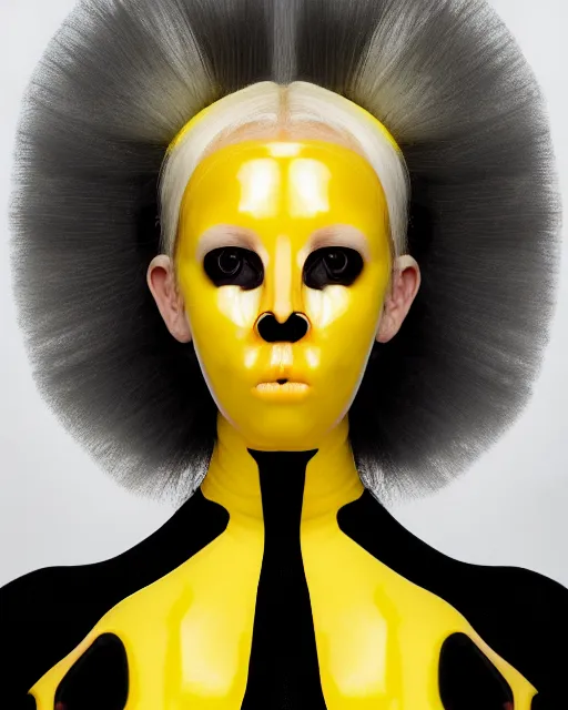 Prompt: symmetrical portrait of a woman wearing a translucent silicone beauty mask and yellow hair, wearing a black bodysuit by alexander mcqueen, black background, soft diffused light, biotechnology, humanoide robot, bjork aesthetic, translucent, by rineke dijkstra, intricate details, highly detailed, masterpiece,