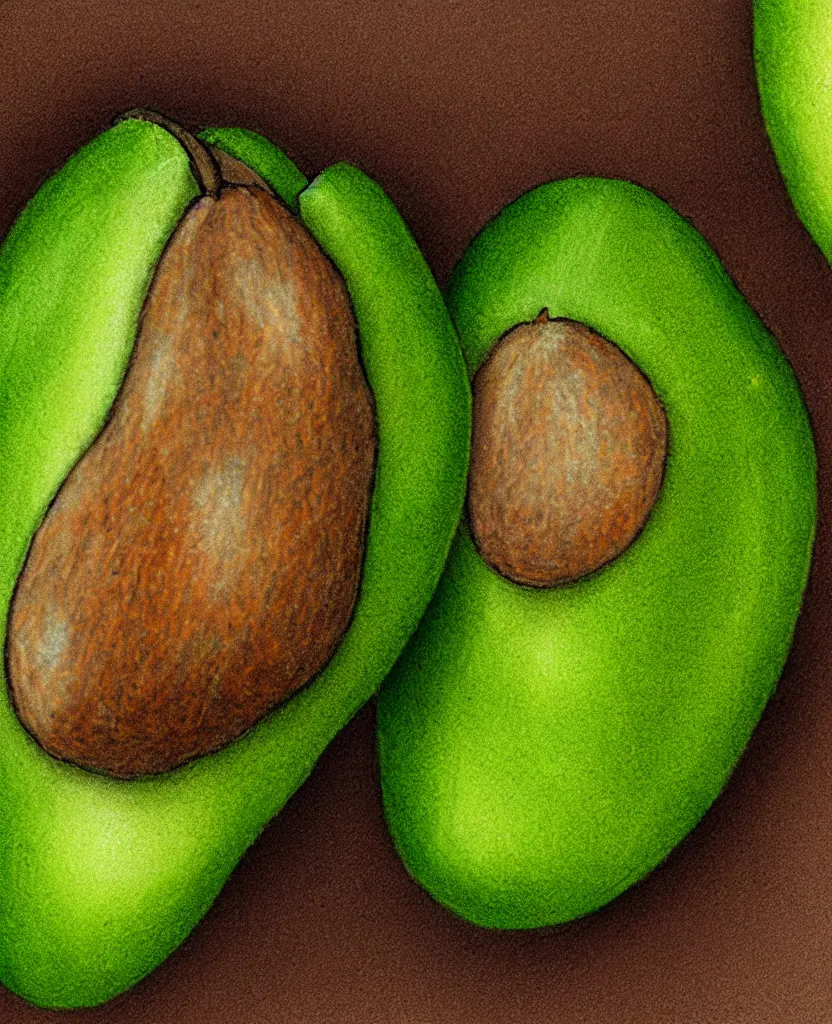 Prompt: illustrated naturalist sketch of one ripe avocado. detailed, extreme close up, zoomed in, macro lens.