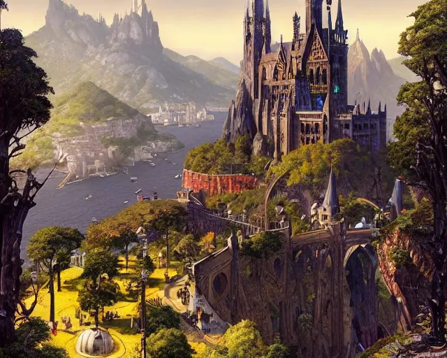 Prompt: gothic architecture busy city on a cliff by the city side, lossy graphics, raster playstation render graphics, high quality game screenshot, scenery art dense foliage art by kim jung giu and weta studio, and lucasfilm and jesper ejsing and norman rockwell partly inspired by greg rutkowski hd