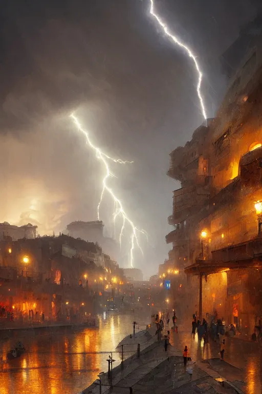 Image similar to ancient city of troy under a sky full of lightning, powerfull, intricate, elegant, volumetric lighting, digital painting, highly detailed, artstation, sharp focus, illustration, concept art, ruan jia, steve mccurry