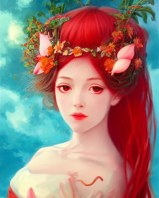Prompt: the goddess of summer, with lotus on her head, red skirt, half - length head portrait, dreamy, beautiful, by wlop