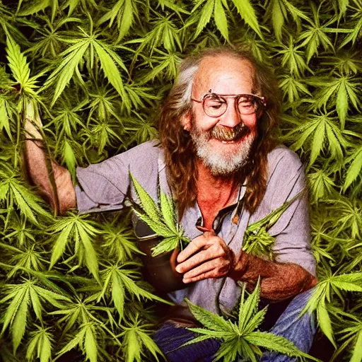 Image similar to intoxicated lazy older hippie wearing twigs and leaves and antlers smiling sheepishly in a field of cannabis plants, highly detailed, dramatic lighting, night time, cinematic, sci - fi, hyperrealistic, detailed