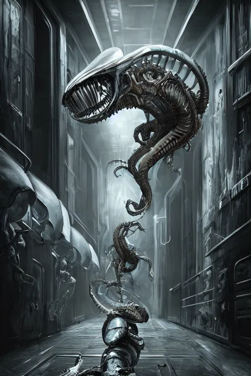 Prompt: ultra realist and ultra intricate detailed soft painting of a metal xenomorph fighting a Predator in a futuristic hallway, sensual gloomy style, volumetric clouds, artstation, unreal render, depth of field