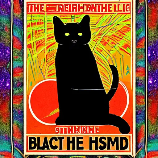 Prompt: dmitri the black cat stalks the exclusion zone lsd poster psychedelic