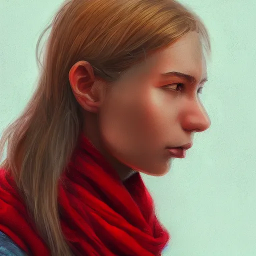 Prompt: human female portrait, red scarf, hatched ear, golden earring, white background, by horace hsu, tony sart, miles johnston, highly detailed, digital illustration, concept art, trending on artstation