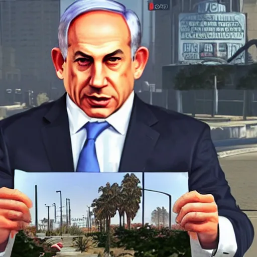 Prompt: benjamin netanyahu on a GTA v cover