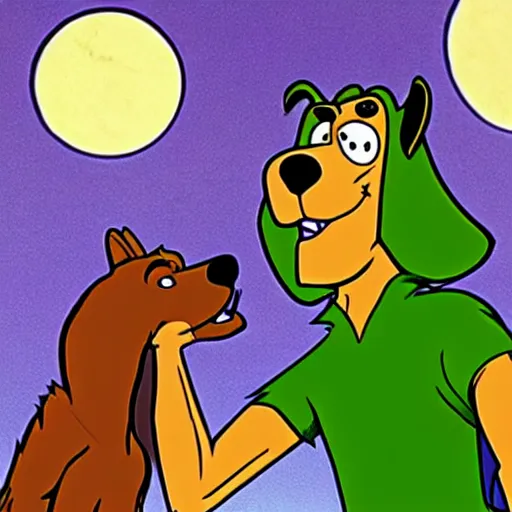 Image similar to Scooby-Doo meeting a werewolf,