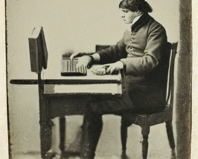 Image similar to an early 1800s photo of someone sitting at a computer looking for good textures to use