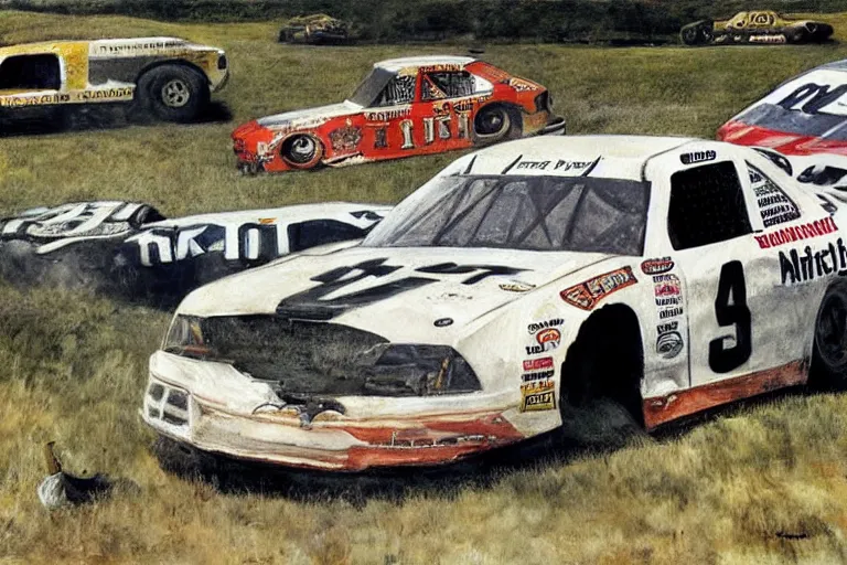 Image similar to nascar race, painting by andrew wyeth, very detailed, high quality,