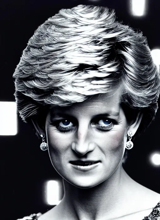 Image similar to princess diana as a cyberpunk woman, intricate, cinematic lighting, highly detailed, canon 3 5 mm photography, horizontal symmetry, smooth, sharp focus