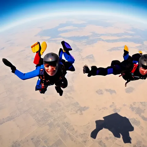 Prompt: Two skydivers playing jenga while skydiving