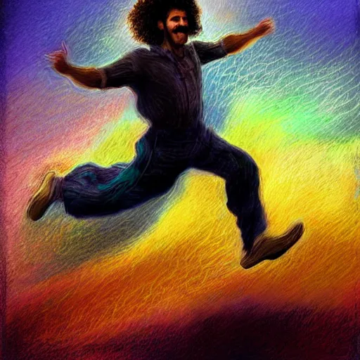 Image similar to arab man with curly hair skydiving, pastel colors, digital painting, impressionist, figurative, intricate details, dreamy, fairylike