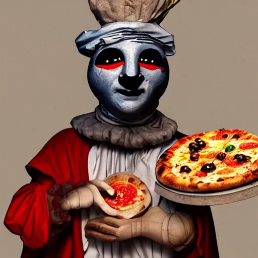 Image similar to a highly detailed pulcinella with a pizza margherita, black eye mask by arturo faldi, volcano and lava, trending on deviantart, octane, masterpiece, masqua