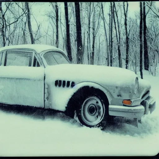 Image similar to vintage polaroid photograph of a car in a snowy forest