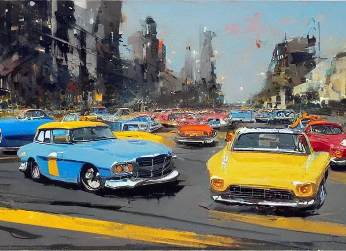 Prompt: 5 hotrods driving down a street , vintage, highly detailed, by John Berkey