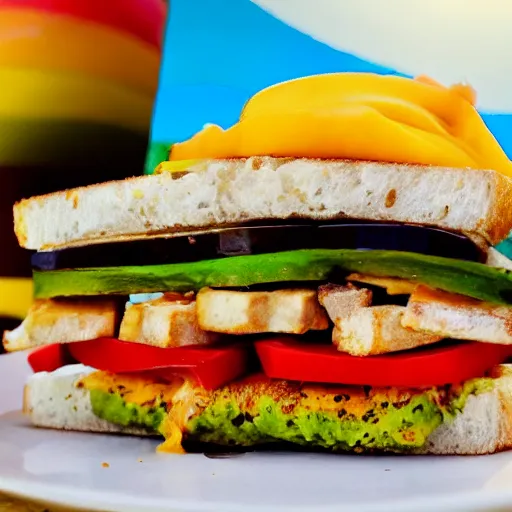 Prompt: sandwich with fried tofu, one tomato slice, mayonaisse, one onion ring, avocado, melted cheddar, over a dish that is over a table, with a sunset and rainbow in the background with saturn and stars in the sky