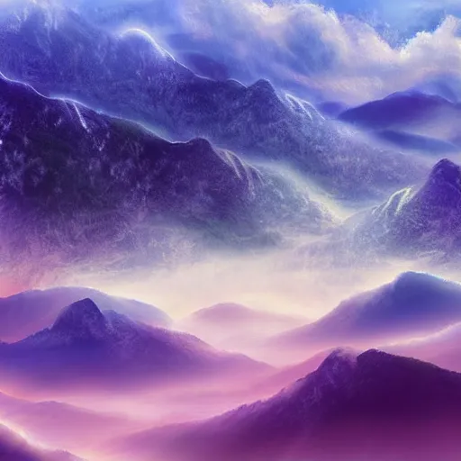 Image similar to digital artwork of a beautiful fantasy landscape of magical mountains encircled by clouds, mist, auras