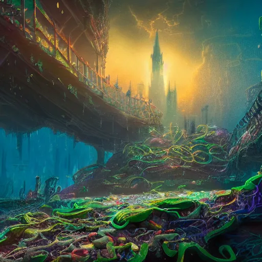 Prompt: a fantasy atlantis city underwater, desolated, fluorescent kelps, electricity lightning, furry, soft, concept art, sharp focus, intricate details, highly detailed, photorealistic, disney pixar, octane render, iridescent, anime, big field of view, 8 k