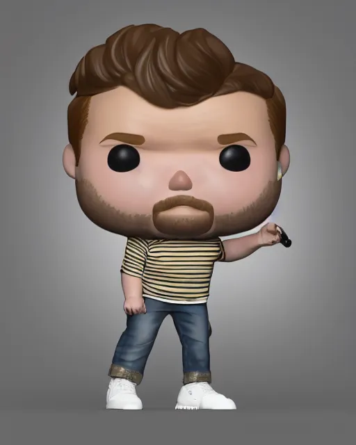 Image similar to full body 3d render of James Corden as a funko pop, studio lighting, white background, blender, trending on artstation, 8k, highly detailed , intricate details