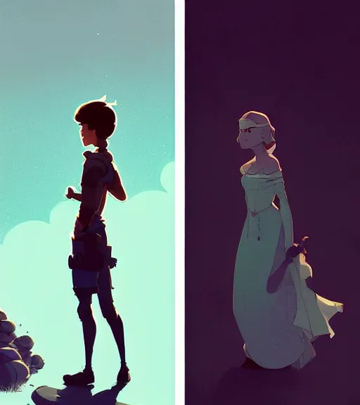 Prompt: a princess and a prince standing face to face by atey ghailan, by greg rutkowski, by greg tocchini, by james gilleard, by joe fenton, by kaethe butcher, dynamic lighting, gradient light blue, brown, blonde cream and white color scheme, grunge aesthetic