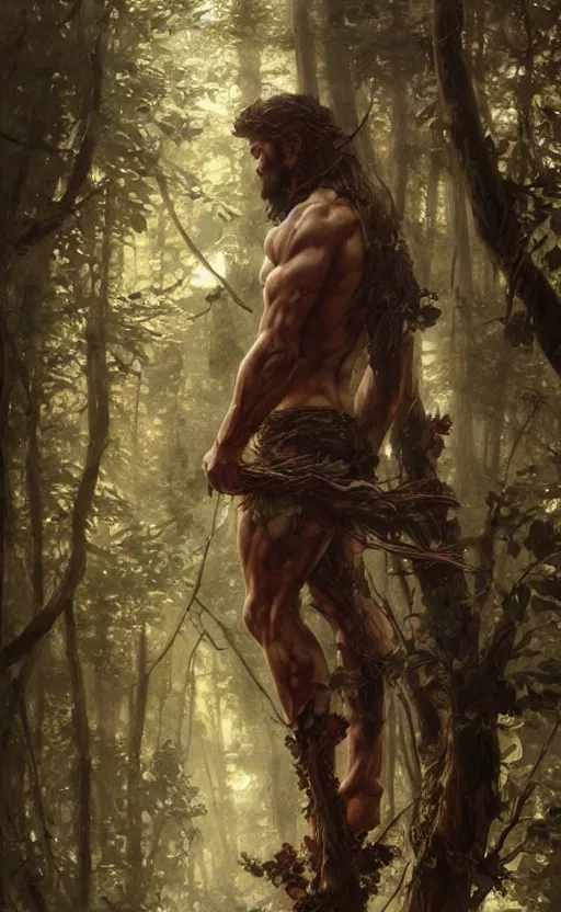 Image similar to god of the forest, 3 0 years old, rugged, handsome, male, detailed face, clean lines, atmospheric lighting, amazing, full body, flowers, muscular, intricate, highly detailed, digital painting, artstation, concept art, sharp focus, illustration, art by greg rutkowski and alphonse mucha