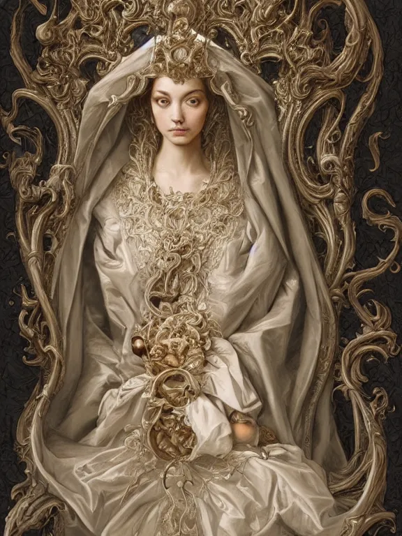 Prompt: a beautiful render of rococo catholic veiled queen with symmetry intricate detailed,by Nekro and aaron horkey and peter gric and Cedric Peyravernay and Billelis,Trending on artstation,ZBrush,masterpiece,maximalist,glittering,gold,silver，ivory,hyperreal