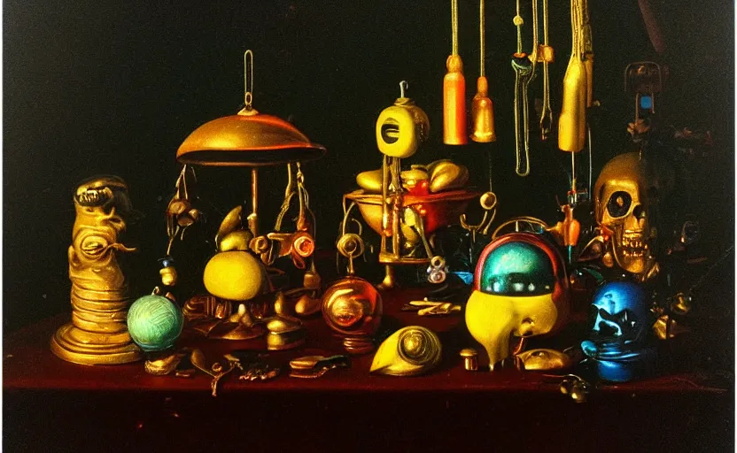 Image similar to disturbing colorful oil painting dark background dutch golden age vanitas still life futuristic sci fi beautiful composition with shiny smooth objects strange lights shiny metal reflections moody lights rachel ruysch dali todd schorr very detailed perfect composition rule of thirds masterpiece canon 5 0 mm, cinematic lighting, photography, retro, film, kodachrome