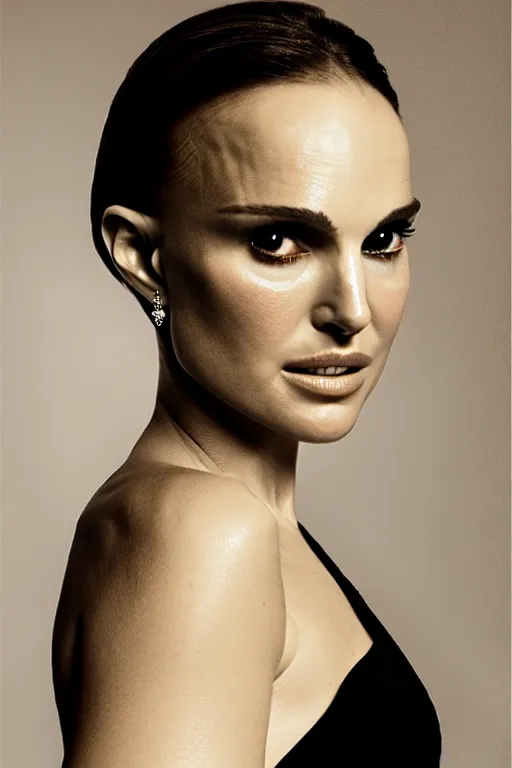 Prompt: a portrait of natalie portman with rembrandt lighting,, single head, no double head,