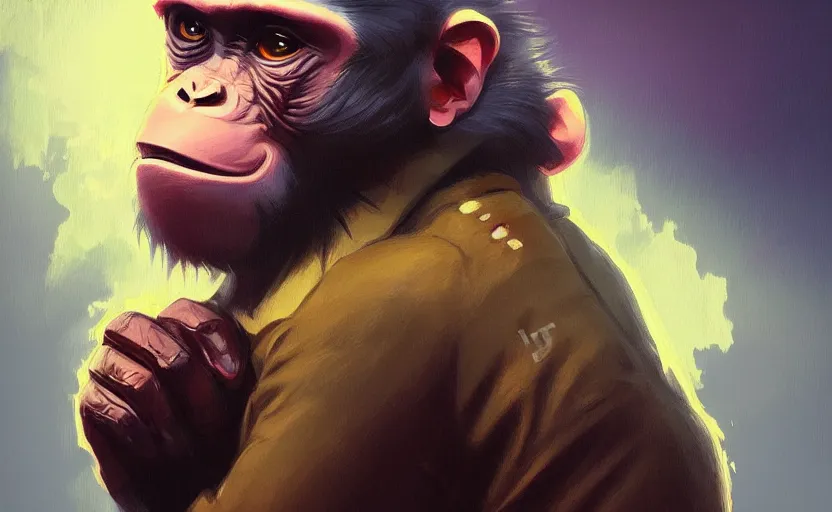 Prompt: monkey bitcoin trader in jacket, portrait, highly detailed, digital painting, artstation, concept art, smooth, sharp focus, illustration, cinematic lighting, art by artgerm and greg rutkowski and alphonse mucha