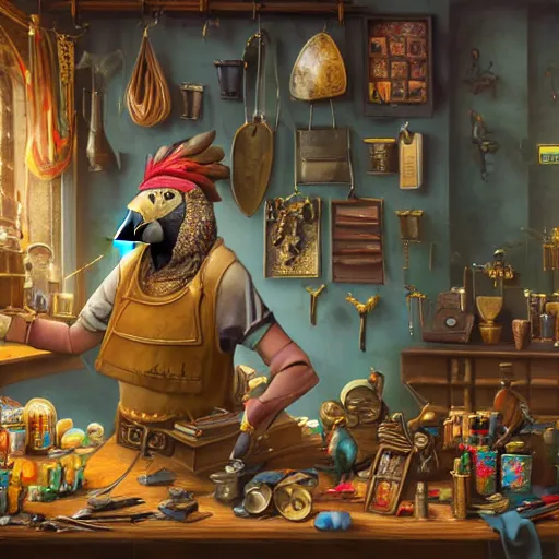 Image similar to Anthropomorphized parrot trader in his shop, selling his wares, portrait, items, gold, carpet, window, sly l, cunning expression, presenting wares, holding a gold bag, D&D, fantasy, cinematic lighting, highly detailed, digital painting, artstation, concept art, smooth, sharp focus, illustration, warm light, cozy warm tint, magic the gathering artwork, volumetric lighting, 8k, art by Akihiko Yoshida, Greg Rutkowski