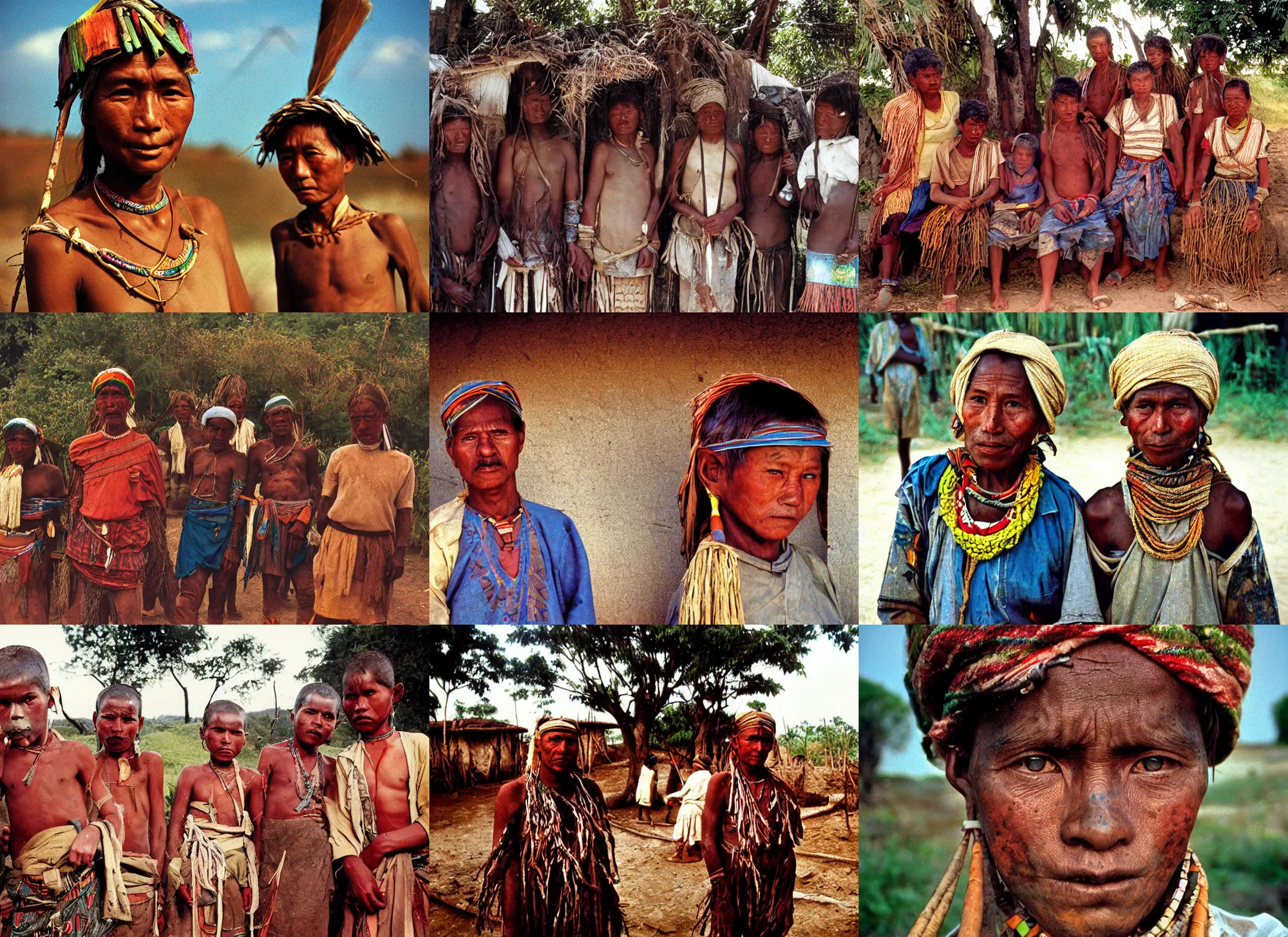 Prompt: a long - shot, color travel photograph portrait of a tribe village, day lighting, 1 9 9 0 photo from photograph magazine.