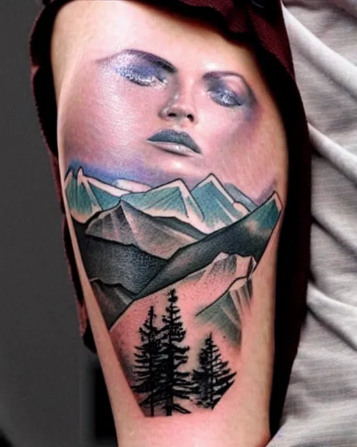 Image similar to creative double exposure effect tattoo design sketch of megan fox with beautiful mountains, realism tattoo, in the style of matteo pasqualin, amazing detail, sharp