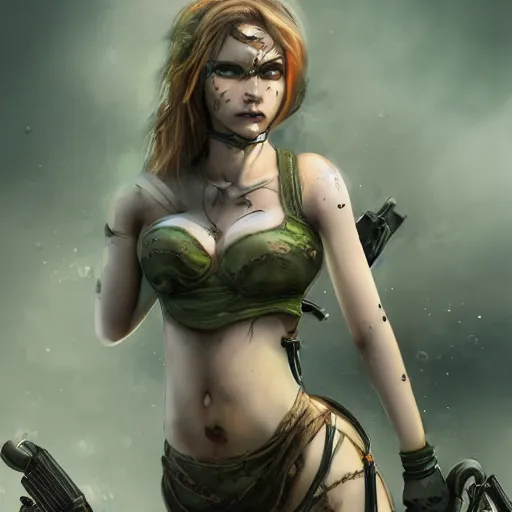 Prompt: beautiful female Siren, full round face, scales top, short smile, full body, post apocalyptic setting, futuristic, medium shot, mid-shot, highly detailed, trending on Artstation