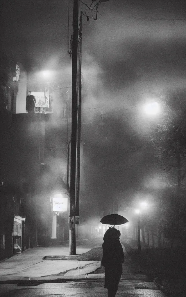 Image similar to “ quiet american neighborhood at night, a woman waiting with a black umbrella, photography in the style of gregory crewdson, mist, rule of thirds ”