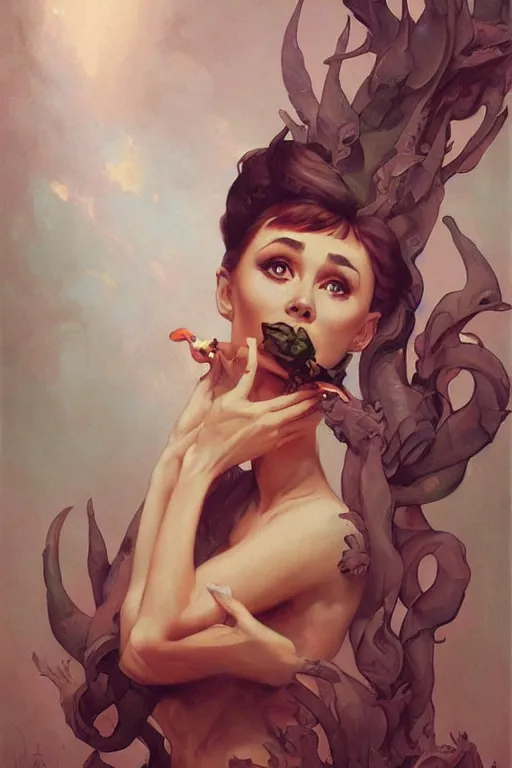 Image similar to Audrey Hepburn by Peter Mohrbacher in the style of Gaston Bussière, Art Nouveau