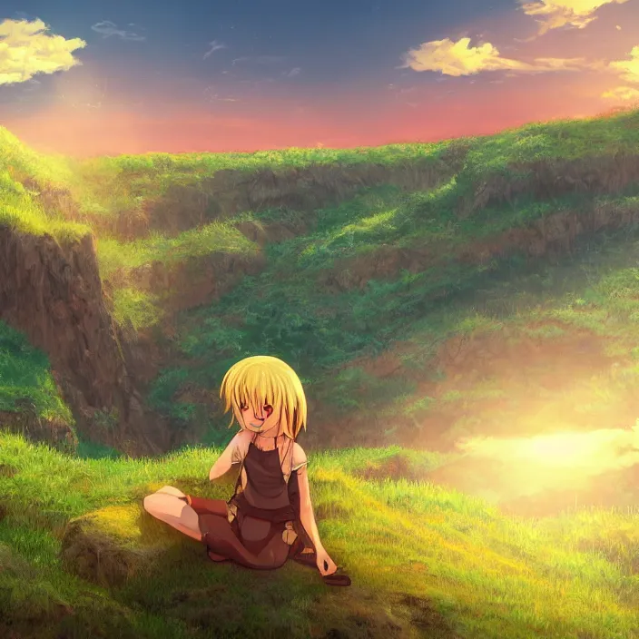 Image similar to Anime Girl Sitting on Edge of Cliff at a Green Valley at Sunset, Golden Hour! Trending on Artstation, Pixiv, Deviant Art!