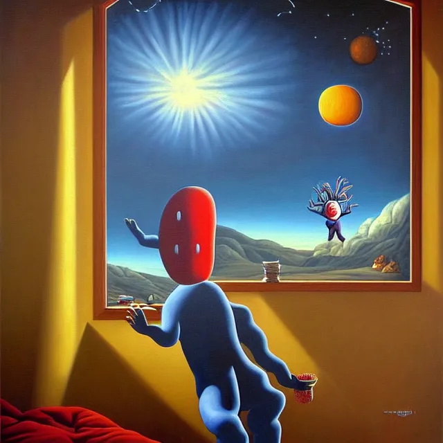 Image similar to an oil on canvas portrait painting of a clown waking up to start a new day, surrealism, surrealist, cosmic horror, rob gonsalves, high detail