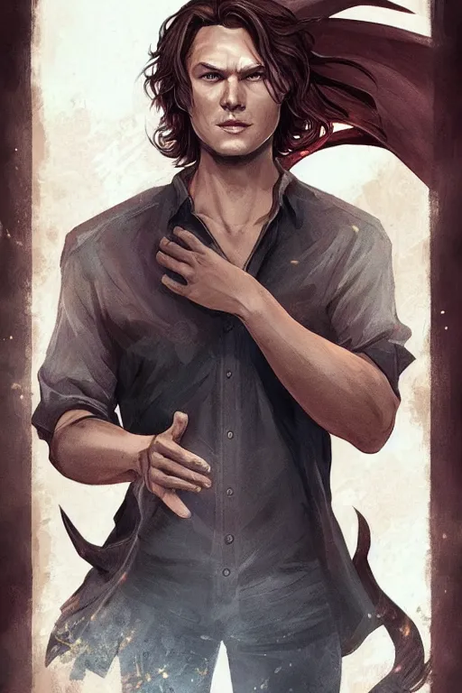 Image similar to sam winchester as a mage in the cover of an acotar book. d & d!, fantasy style, sharp focus!, ultra detailed, art by artgerm, wlop, ilya kuvshinov