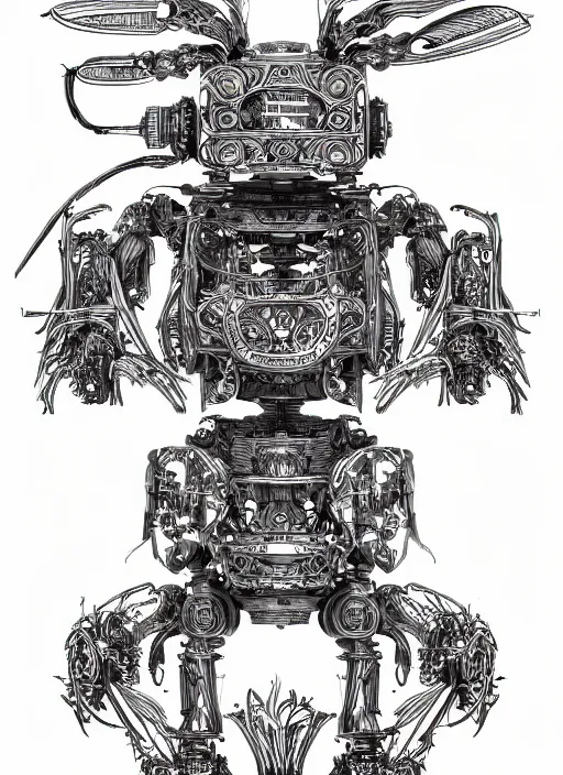 Image similar to full page scan of detailed concept art of very technical and detailed blueprint of a rabbit wood robot, intricate details, ultra - detailed, baroque style, illustration, desaturated, concept art, ornate symbolic border