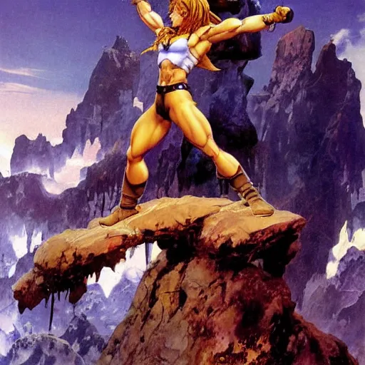 Prompt: crono stands atop a mountain of as marle and ayla clutch his legs, epic painting by frank frazetta