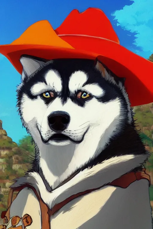 Image similar to a portrait painting of a husky in cowboy costume, wearing a cowboy hat, by [ studio ghibli ], in the style of anime, [ western film ], trending on artstation
