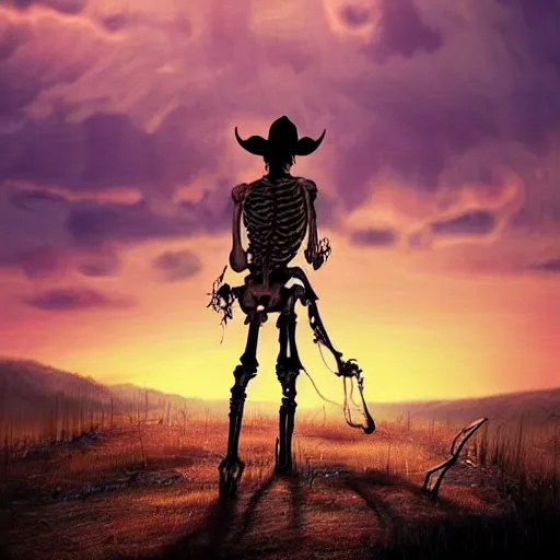 Prompt: a wounded skeleton cowboy watching a sunset, concept art, DeviantArt, art station, illustration, highly detailed, artwork, cinematic, hyper realistic