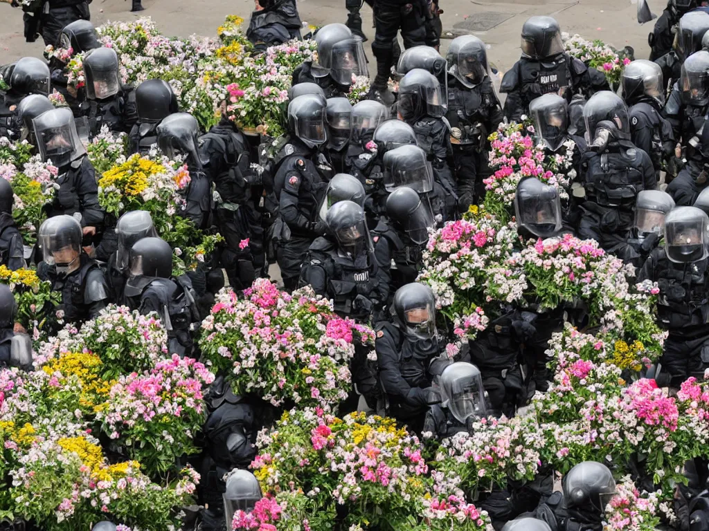 Image similar to riot police covered in flowers