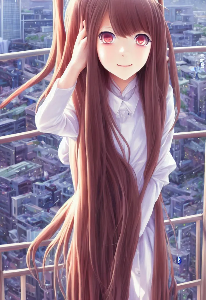 Image similar to beautiful full body portrait of a lone anime female with long flowing hair, wearing Japanese school uniform, standing on a balcony overlooking downtown Tokyo, D&D, fantasy, intricate, elegant, highly detailed, digital painting, artstation, concept art, smooth, sharp focus, illustration, art by ilya kuvshinov and WLOP and Ruan Jia and Krenz Cushart and greg rutkowski and alphonse mucha