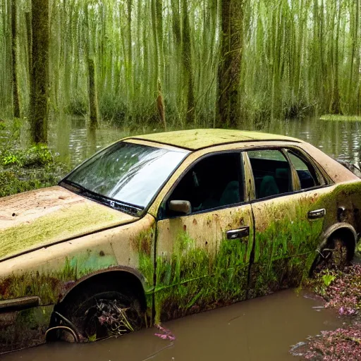 Prompt: a car in a swamp